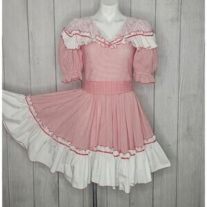 VTG "Call It Fancy" Red & White Stripe Ruffled Square Dance Dress, sz 10
